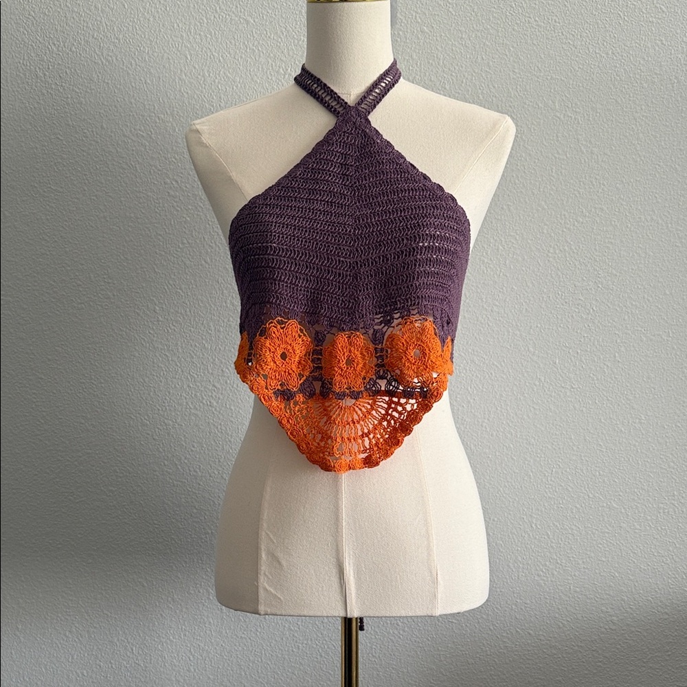 Zara Crochet Halter Top Purple Orange Floral Boho Festival Size S - Picture 2 of 8